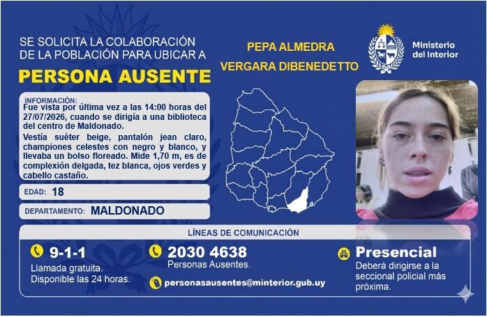 Buscan a una joven de 18 años que desapareció cuando iba a una biblioteca de Maldonado