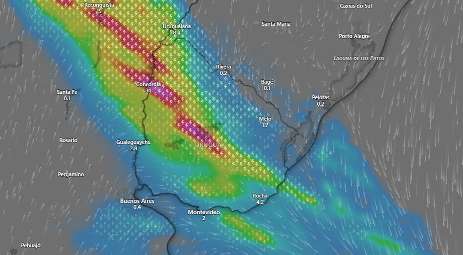 Proyección ECMWF de lluvias para las 08:00 del sábado.