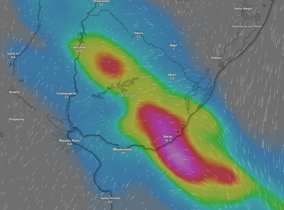 Proyección GFS de lluvias para el sábado a las 06:00.