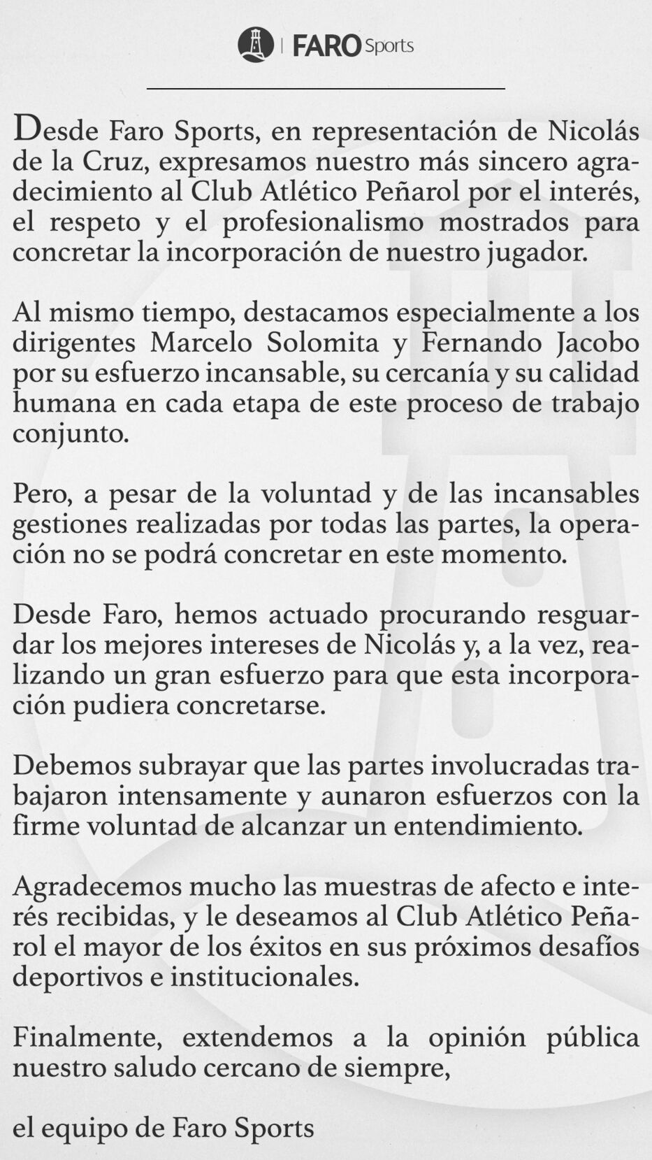 Comunicado Faro Sports