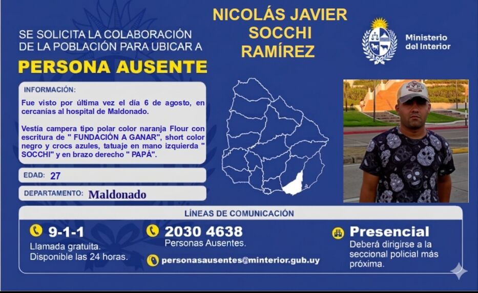Persona ausente en Maldonado: solicitan ayuda para ubicar a hombre de 27 años