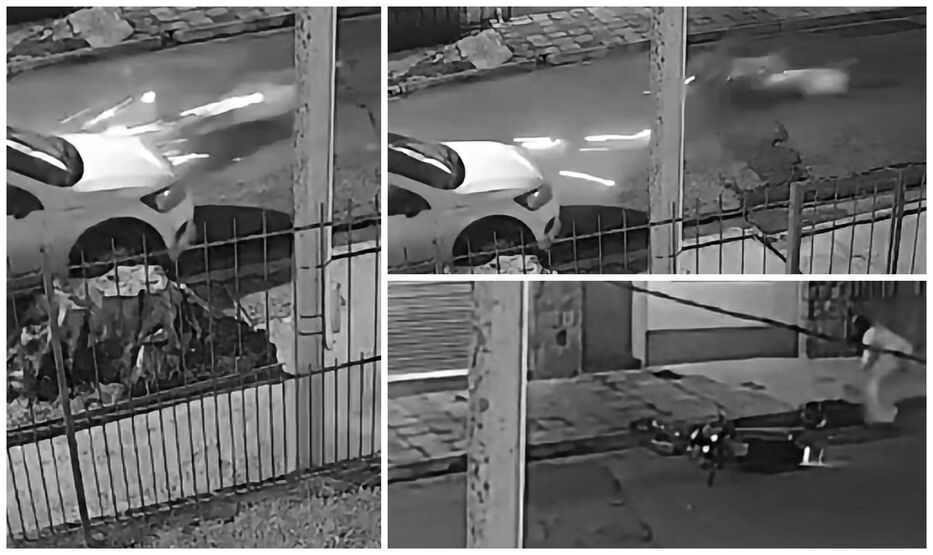 Salto: tres heridos en terrible choque entre dos motos que involucró a un auto estacionado