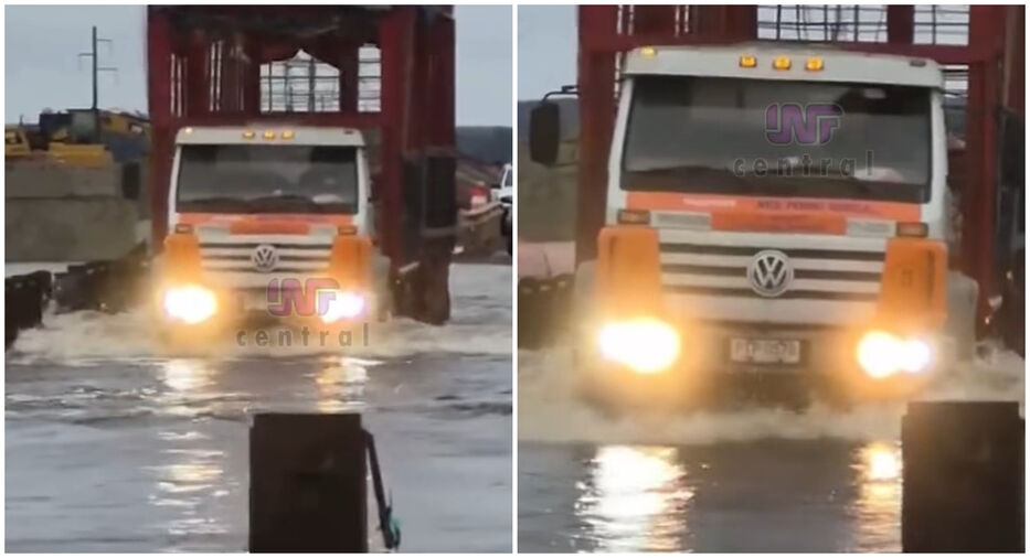 Un peligro: camión cruza por puente inundado en Rocha, pese a que se prohibió el cruce