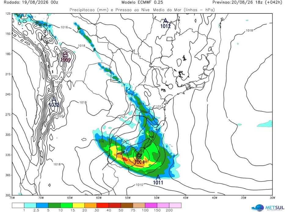 La situación prevista para el jueves 20 de agosto. MetSul