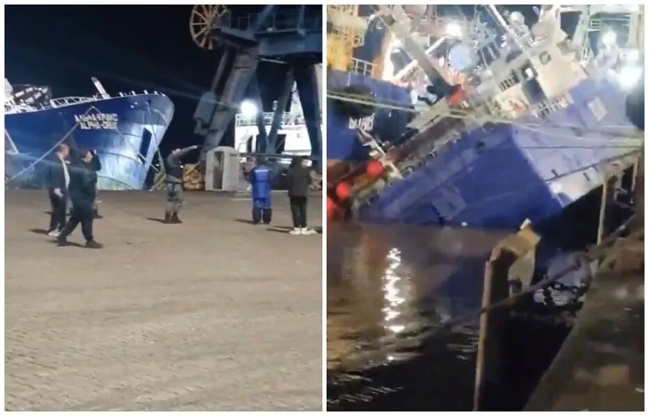 Buque pesquero ruso quedó semihundido en el puerto y activaron protocolo ambiental