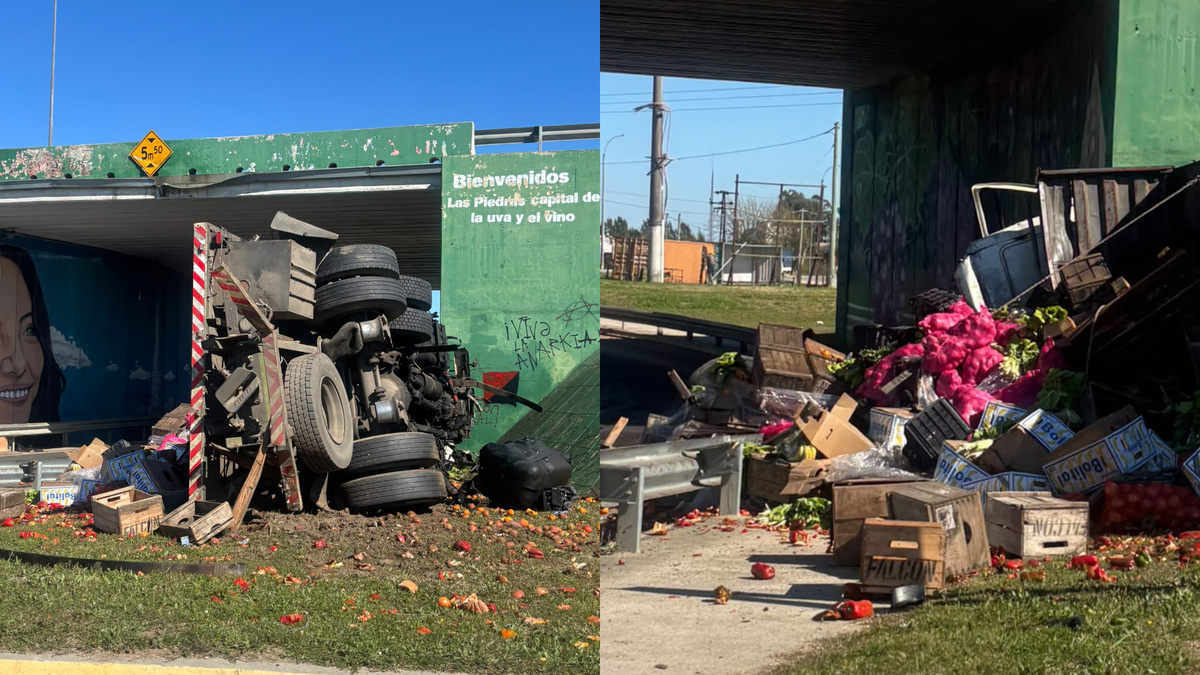 Camión de frutas y verduras se cayó de un puente en Las Piedras; el tránsito está cortado