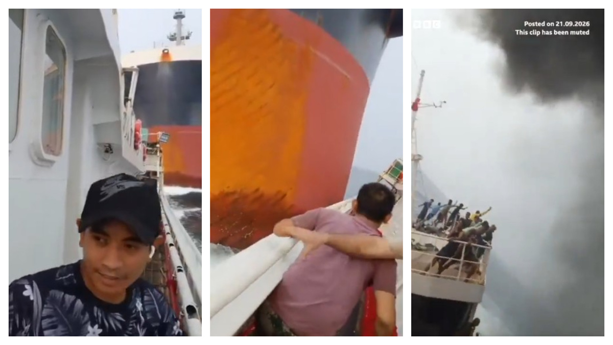 Salió humo: video muestra dramático choque entre un gigantesco carguero y barco pesquero