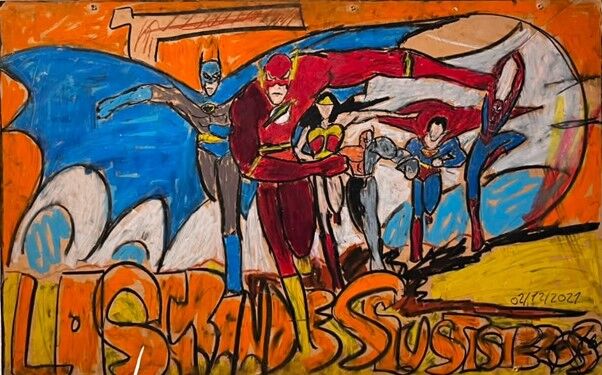 La Liga de la Justicia (2021). Víctor Hugo Andrade. Oleo pastel sobre madera.
