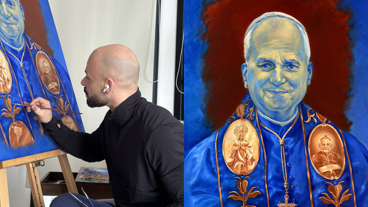 Pintor uruguayo retrató a León XIV con símbolos uruguayos antes de su visita al país