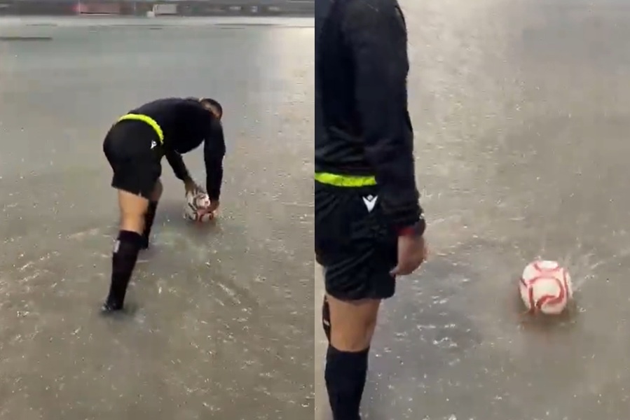 España: suspendieron un partido por inundación y los jueces intentaron picar la pelota