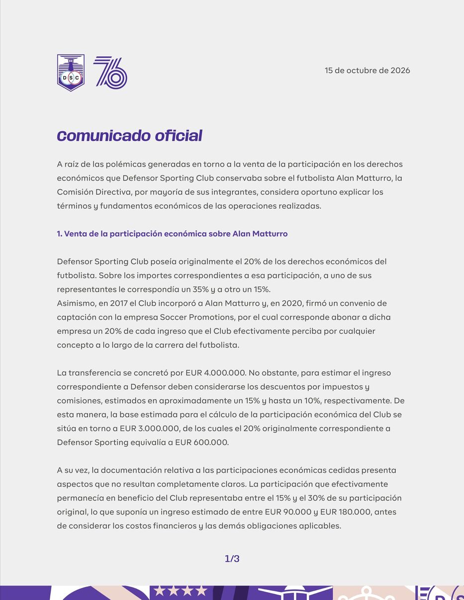 Comunicado Defensor Sporting